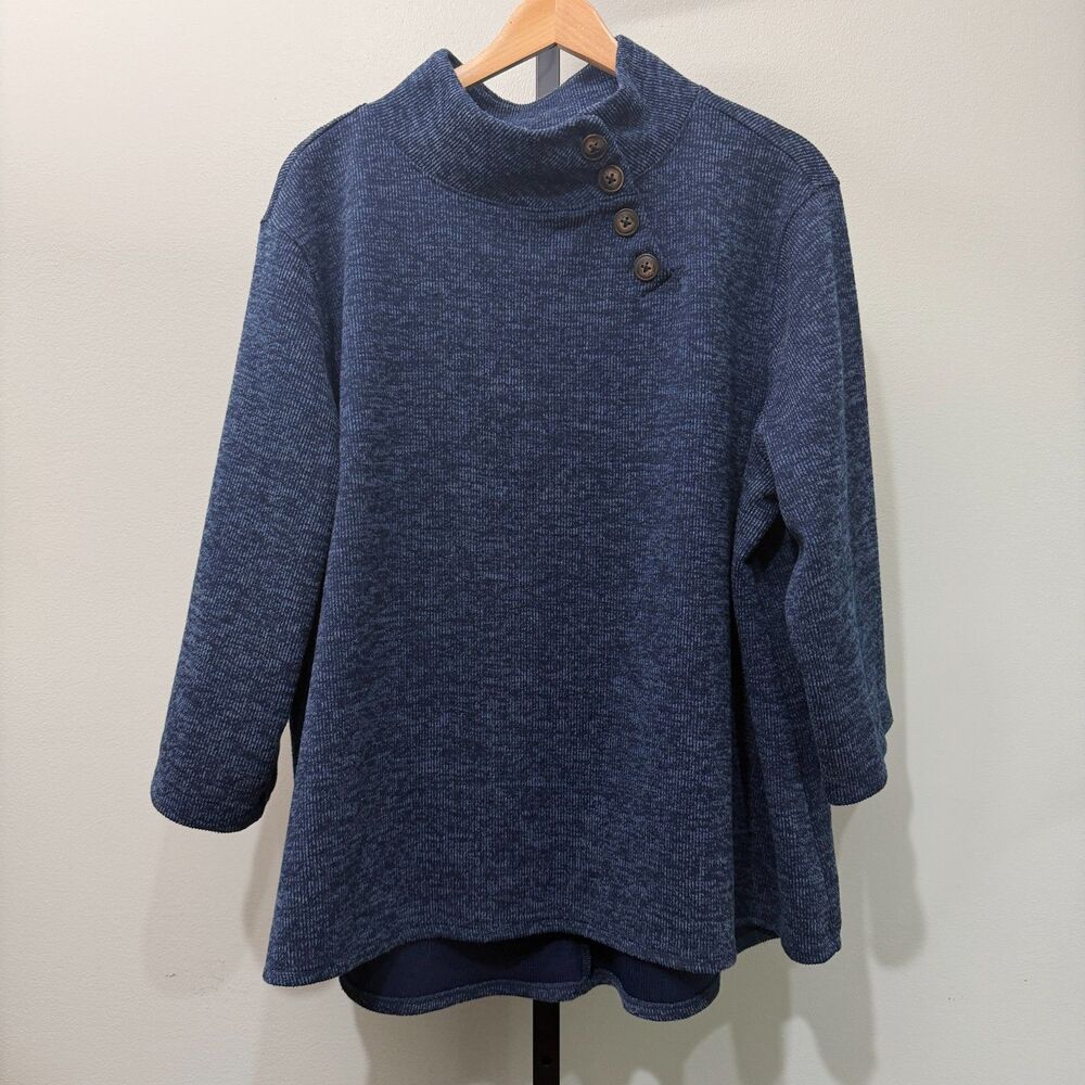 St Johns Bay Womens 0X Blue Mock Neck Button Shoulder Knit Tunic Sweater Plus